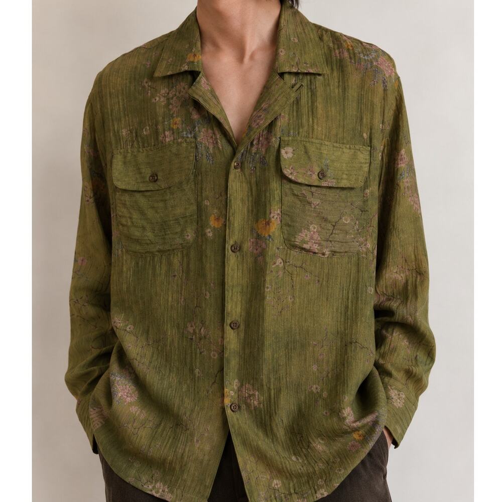 FOUND Blouse Moss Camp Shirt Button Down Olive Green Floral Unisex Size Medium